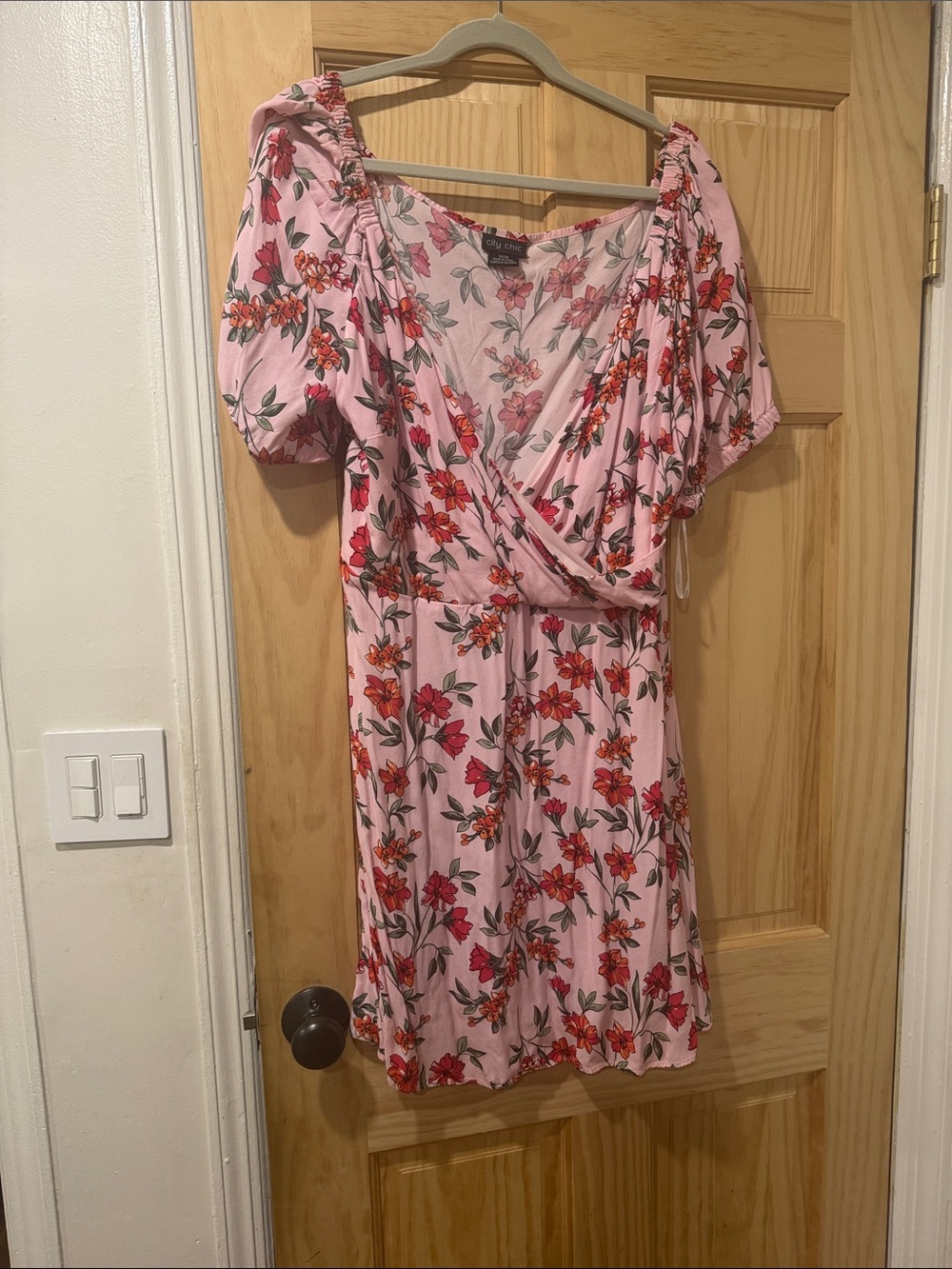 City Chic Pink Floral Wrap-Style Mini Dress